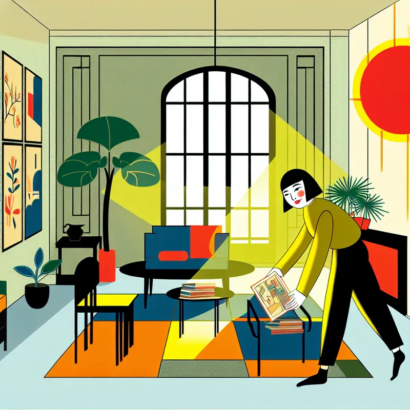 Jonge vrouw in een minimalistische woonkamer, gelukkig haar meubels en decoraties rangschikking.