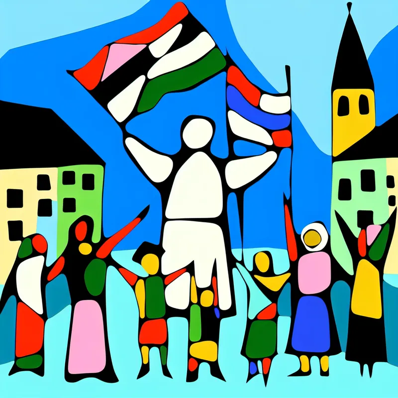 Minimalistische illustratie van een vreugdevolle nationale viering van onafhankelijkheid met mensen die vlaggen zwaaien rond een vrijheidsmonument in de stijl van Dick Bruna