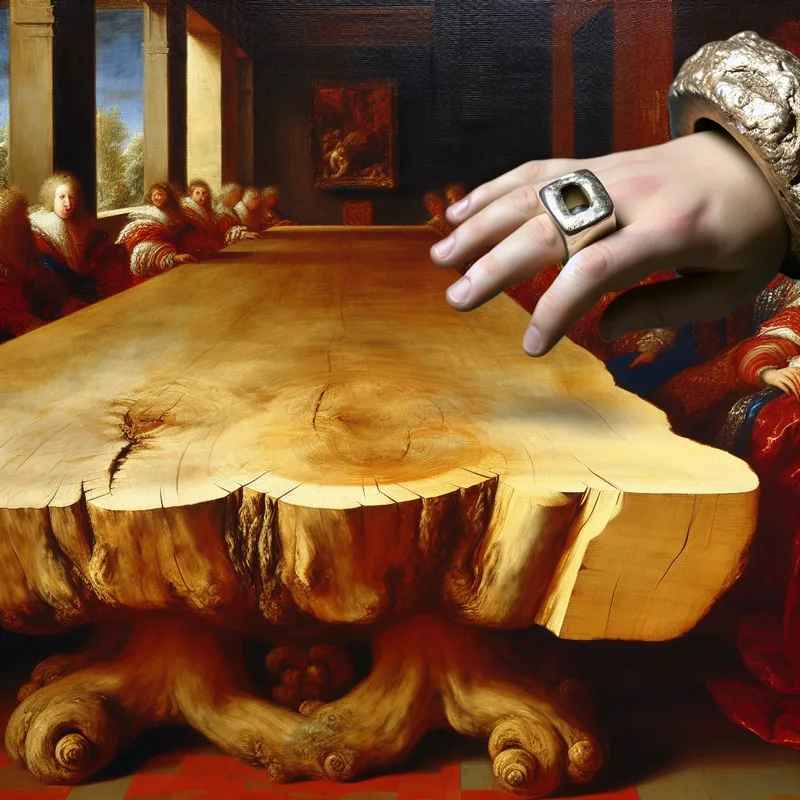 Barokke scène met een eenvoudige, onbehandelde eikenhouten tafel en een zilveren ring, die de pure natuurlijke schoonheid van materialen benadrukt