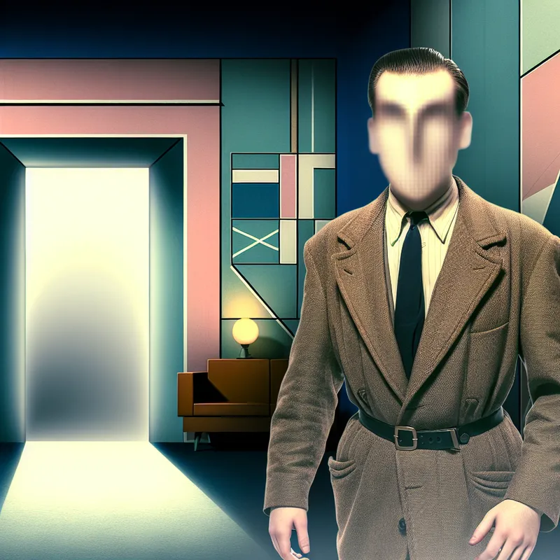 Retro-futuristische illustratie van een anonieme man voor een deur met een mysterieuze gloed, symboliserend een onbekende of onbelangrijke persoon