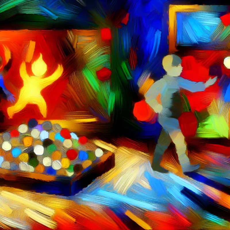 Abstract schilderij in de stijl van Karel Appel met een persoon die geld en bezittingen wegwuift en een stralende figuur van geluk omarmt, symbool voor 'onbelangrijk'