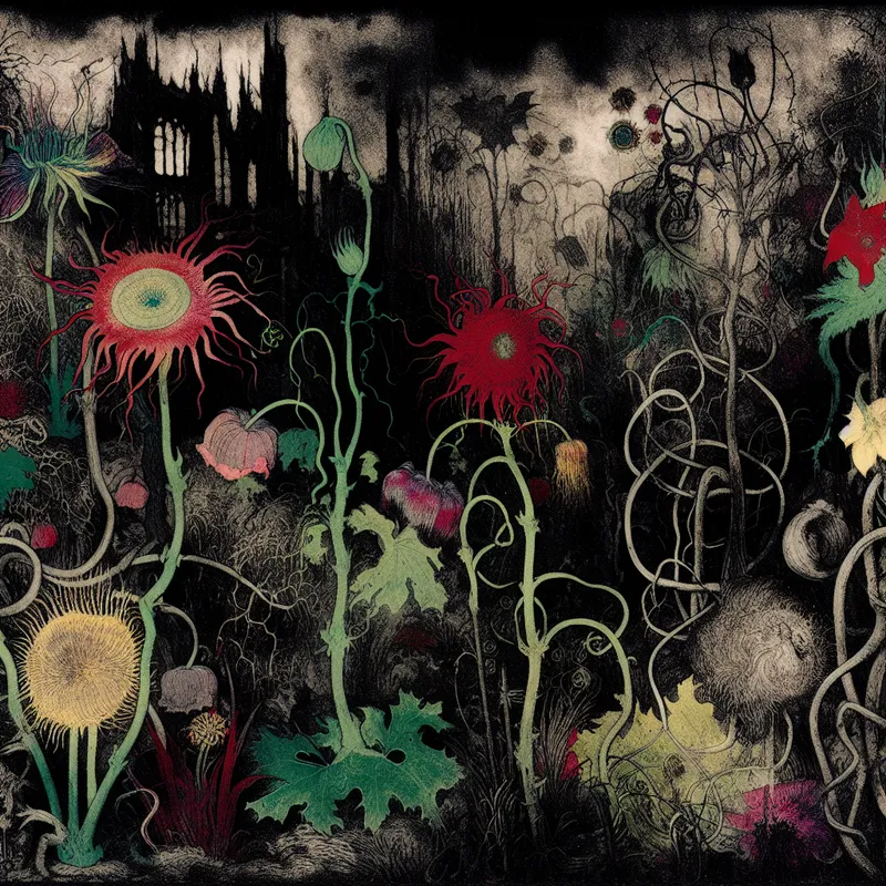 Surrealistische tuinscène met wilde, onbeperkt groeiende bloemen en doornige ranken in donkere, mysterieuze sfeer