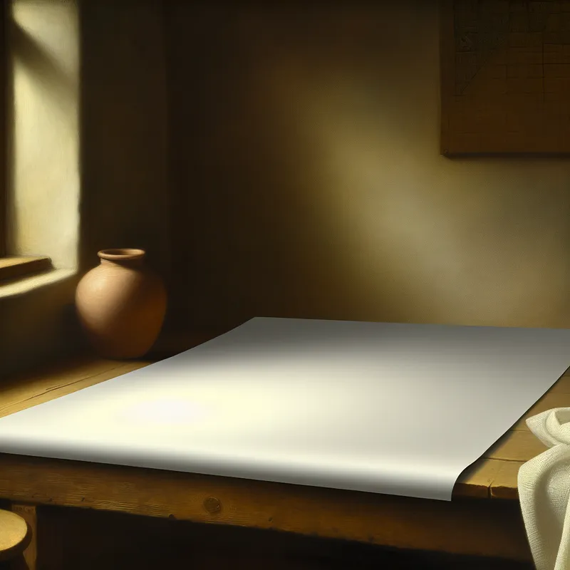 Stilleven met onbeschreven wit papier op houten tafel, Vermeer-stijl met zacht licht en subtiele details