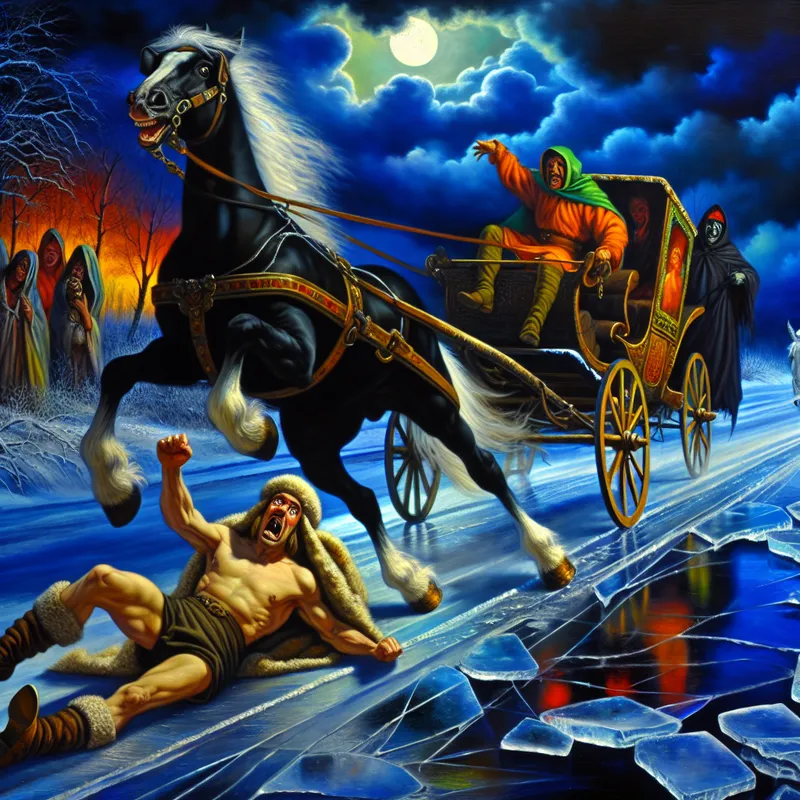 Barokke scène van een verraderlijke ijzige weg bij schemering met een panikerende koetsier en dreigende figuren, symboliserend onbetrouwbaarheid en verborgen gevaar