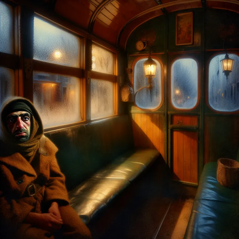 Onaangename man met onbetrouwbare uitstraling in nostalgisch businterieur, vintage stijl