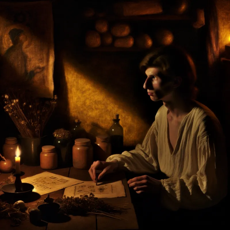 Jonge man bereidt een onconventioneel natuurlijk geneesmiddel met kruiden en kristallen in een Rembrandt-achtige setting, terwijl hij traditionele pillen afwijst