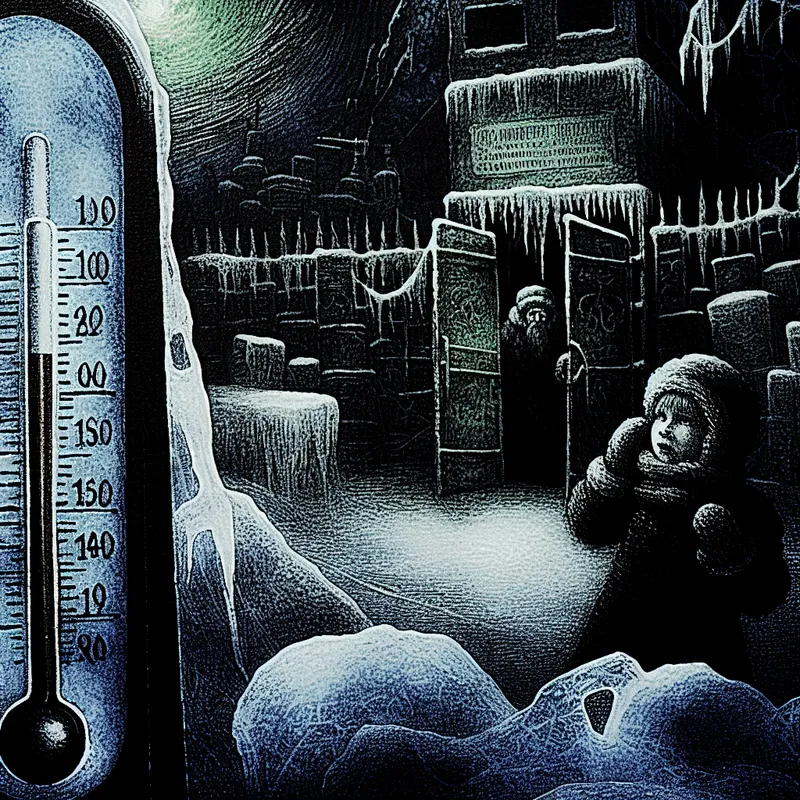 Symbolische voorstelling van 'onder' als minder dan een bepaald niveau, met een bevroren thermometer in een donkere winterse omgeving en een kind bij een gratis toegankelijke ingang