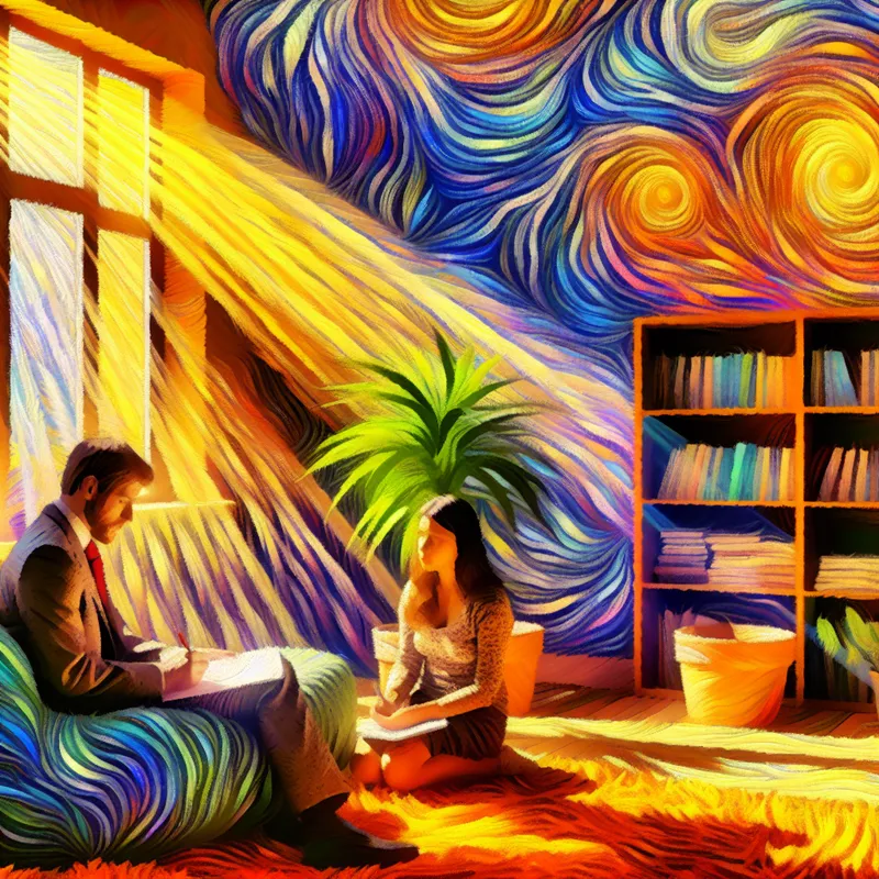 Therapiekamer in Van Gogh-stijl met patiënt en therapeut in gesprek, symboliserend 'onder behandeling staan' bij een zorgverlener