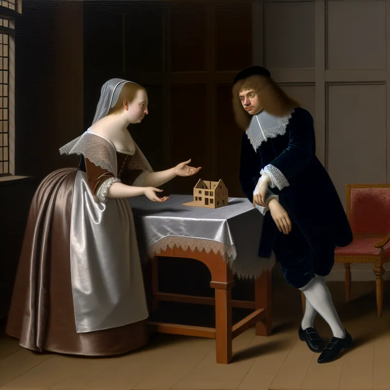 Twee elegante figuren in een 17e-eeuws Hollands interieur bespreken aandachtig een miniatuur huismodel, symbool voor een specifiek onderdeel of detail