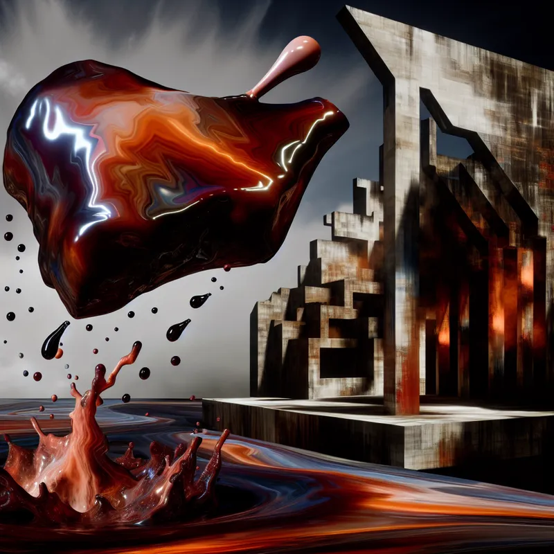Een hyper-realistisch beeld van een groot stuk vlees dat boven de grond hangt, ondergedompeld in een glanzende marinade met spatten rondom, tegen een surrealistische architecturale achtergrond.