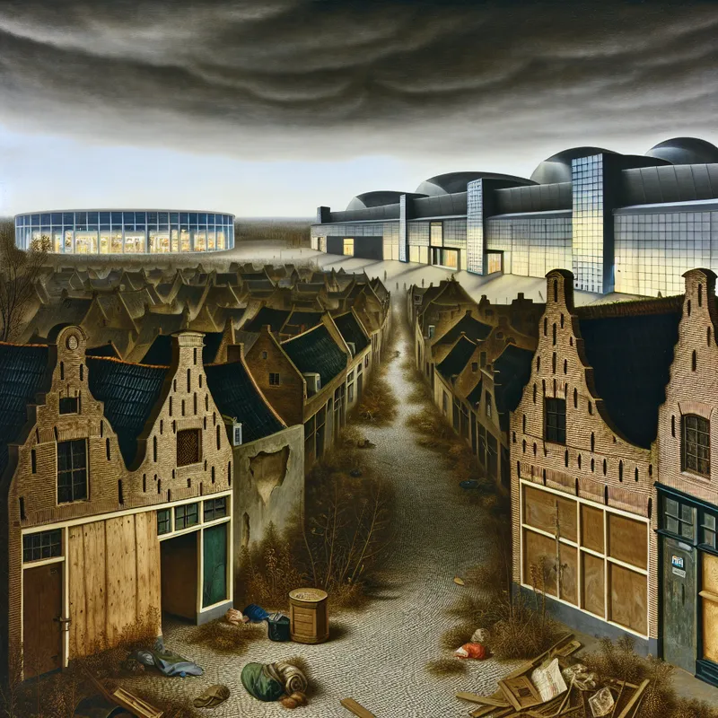 17e-eeuws Hollands landschap van Jacob van Ruisdael met een verlaten winkelstraat, overwoekerd door onkruid en met dichtgetimmerde winkels, tegenover een modern winkelcentrum op de achtergrond