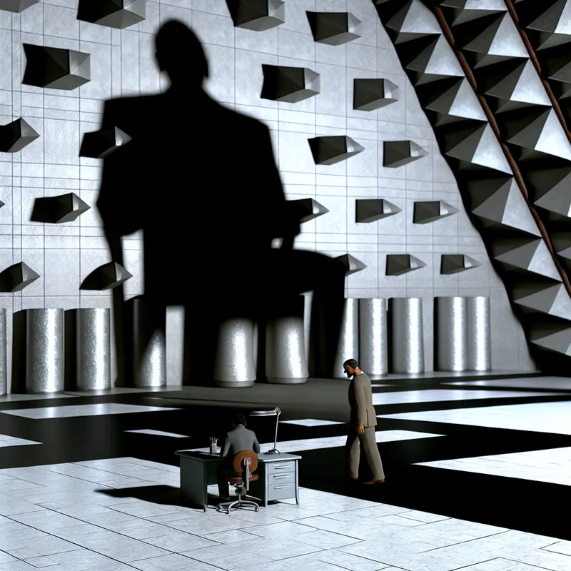 Surrealistisch kantoorinterieur met een kleine werknemer ondergeschikt aan een enorme, dreigende baasfiguur, symboliserend machtsongelijkheid