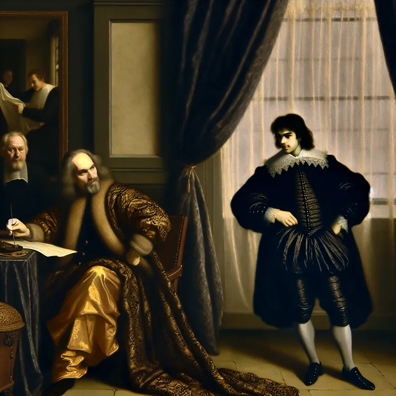 17e-eeuws Nederlands interieur met twee mannen in een hiërarchische interactie, waarbij de ene man autoritair wijst naar documenten en de ander respectvol toekijkt met subtiele frustratie