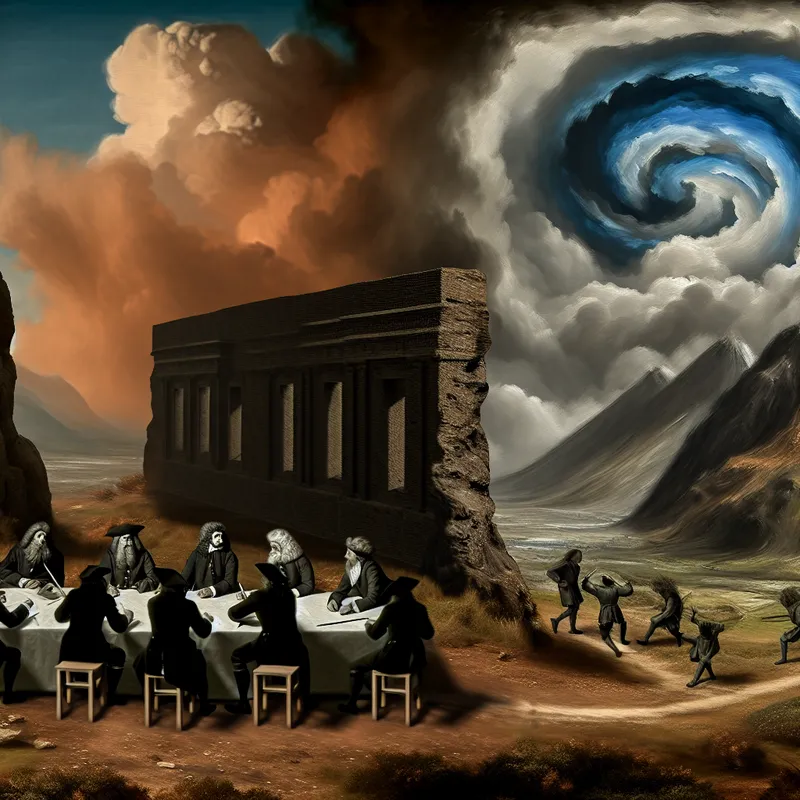 Een groep onderhandelaars aan een tafel op een rotsachtige heuvel, omringd door hoge bergen en donkere stormachtige wolken, symboliseert de moeilijkheden van hun discussies.