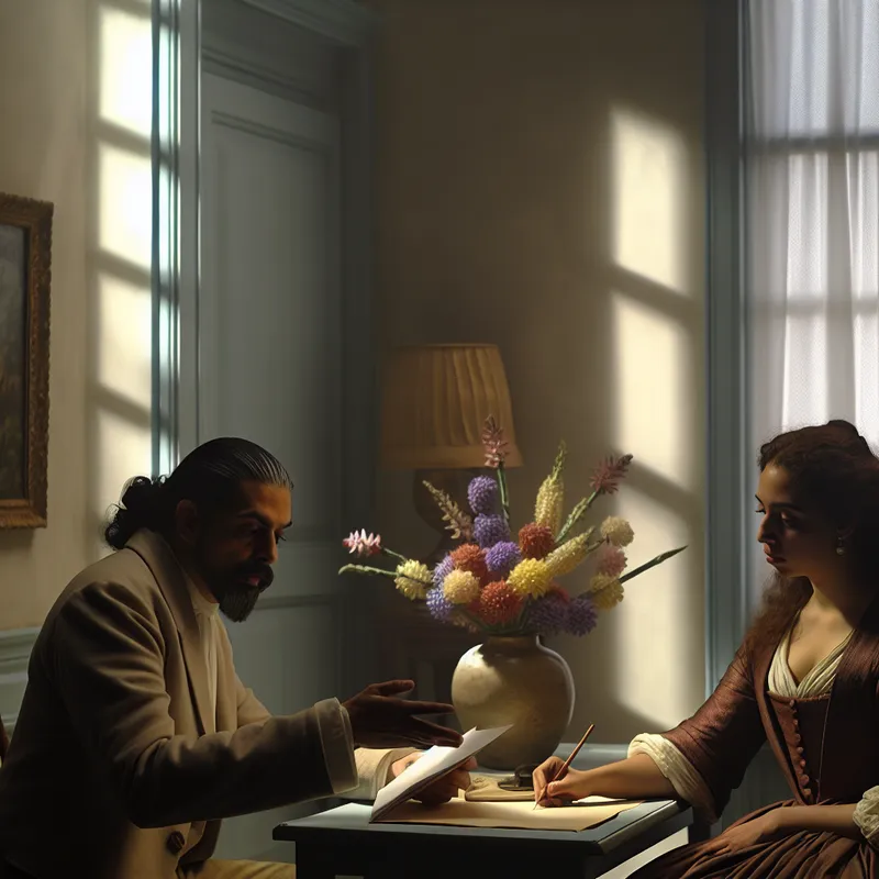 Twee personen in een rustig verlichte kamer onderhandelen over een overeenkomst aan een tafel.