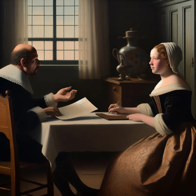 Een scène van een onderhandeling tussen twee partijen aan een houten tafel, waarbij de ene persoon een document presenteert en de andere aantekeningen maakt.