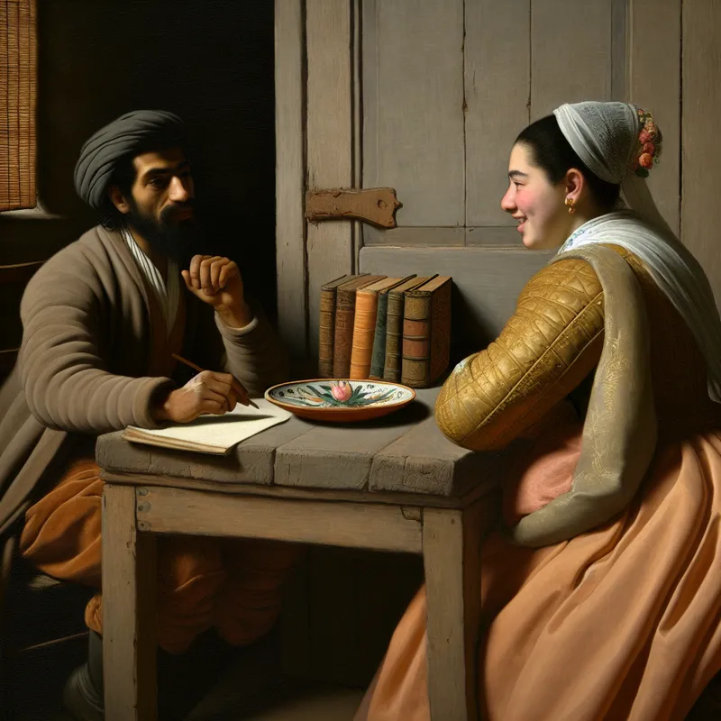 Een man onderhandelt met een lachende vrouw aan een rustieke houten tafel, omringd door boeken en een warm interieur.