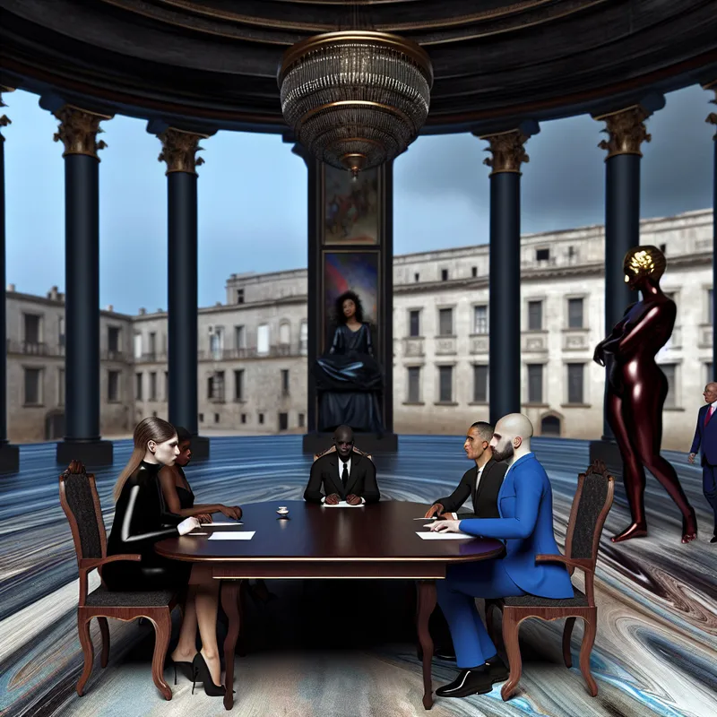 Hyperrealistische onderhandelingsscène in de stijl van Carel Willink met twee hoofdpersonen en een bemiddelaar