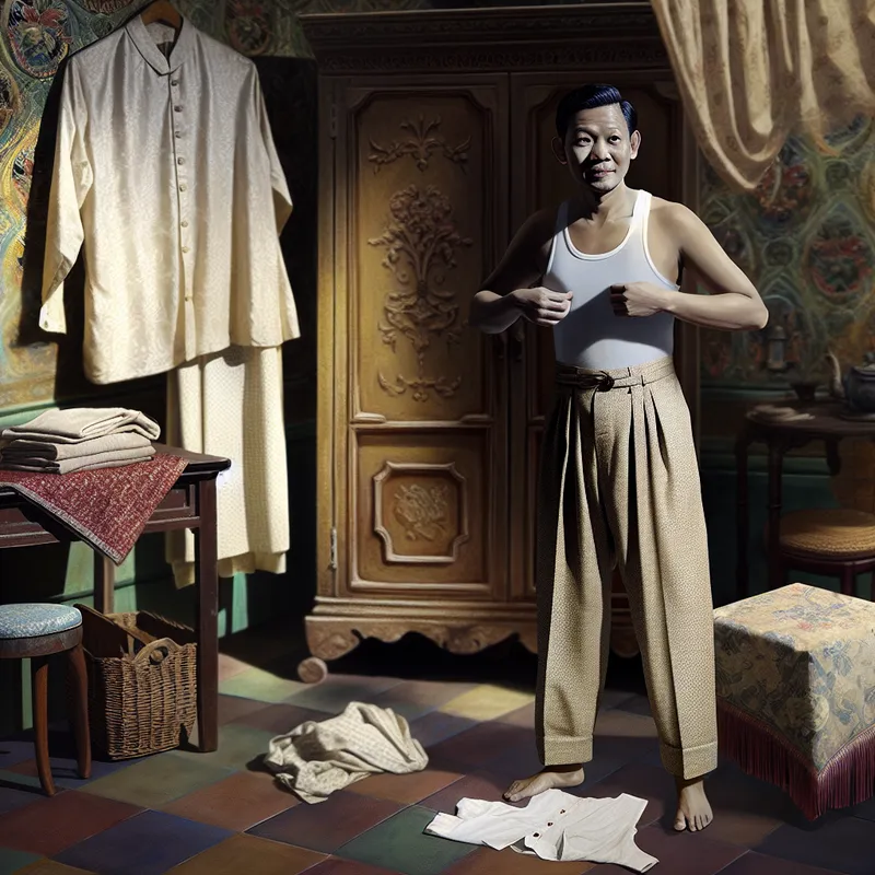 Persoon in nostalgische kamer met houten kast, draagt een lichtgekleurd mouwloos onderhemd onder een gedeeltelijk open bovenkledingstuk