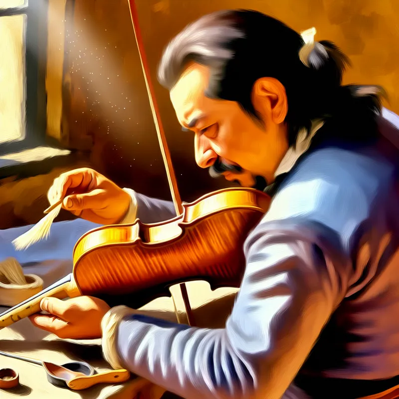 Een ervaren violist onderhoudt de har van zijn strijkstok in een zonverlichte kamer