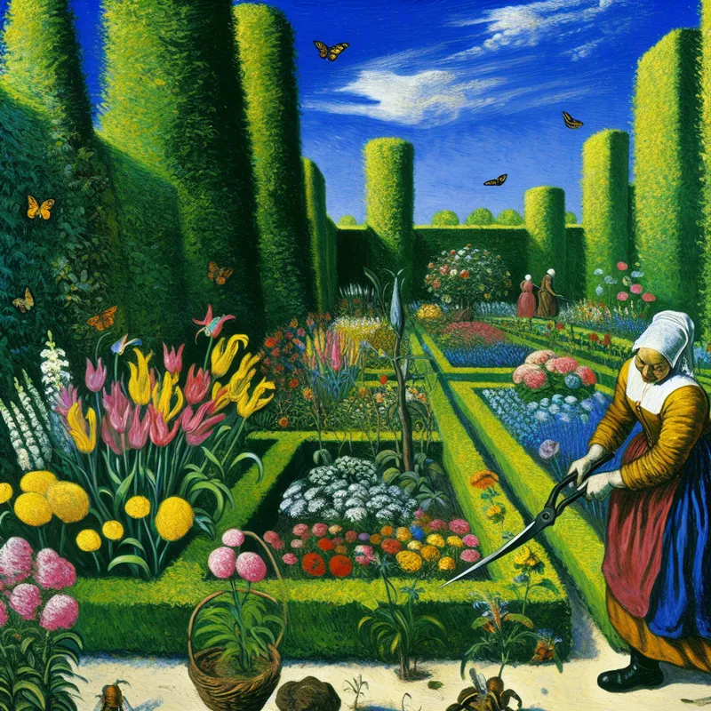 Tuinman die een kleurrijke tuin onderhoudt met snijschaar, omringd door bloemen en insecten.