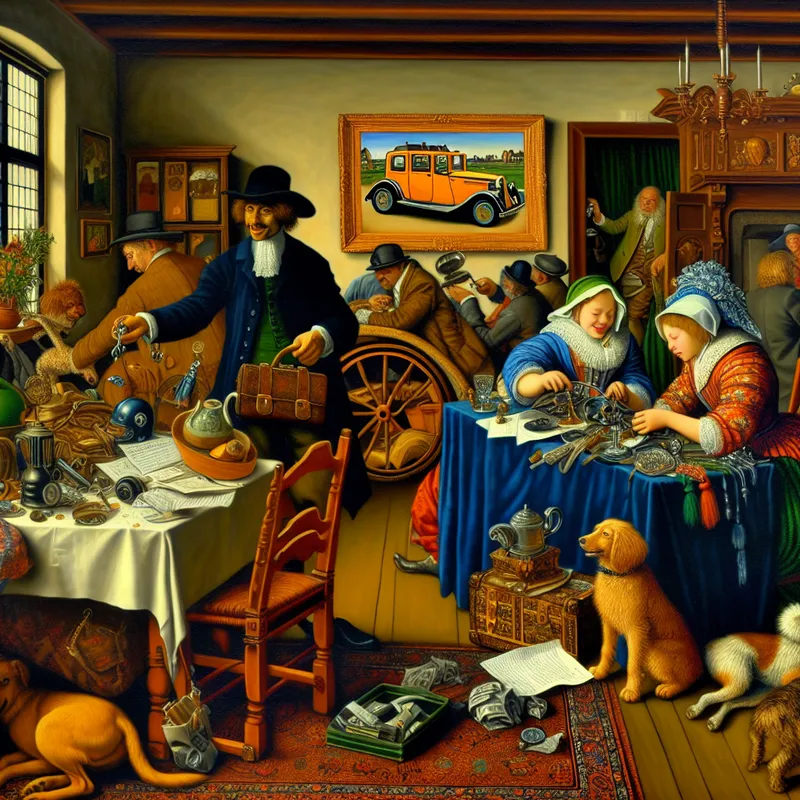 Een levendige scène in een Nederlands huishouden met een man die sleutels aan een lachende bankmedewerker overhandigt.