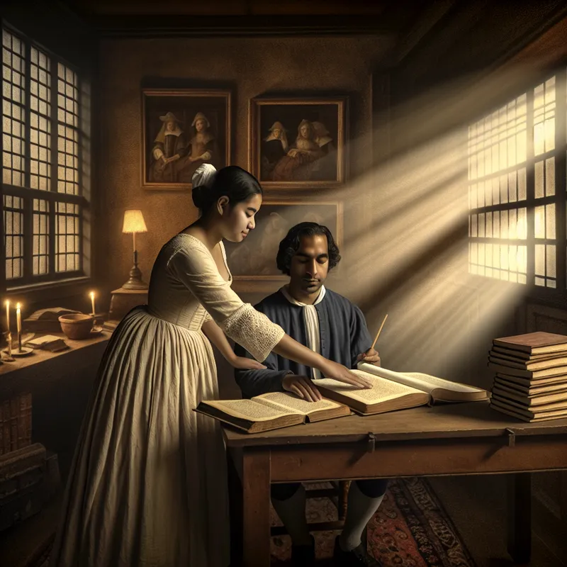 Jonge vrouw helpt haar vriend met studeren aan een helder verlichte tafel in een serene interieurstijl.