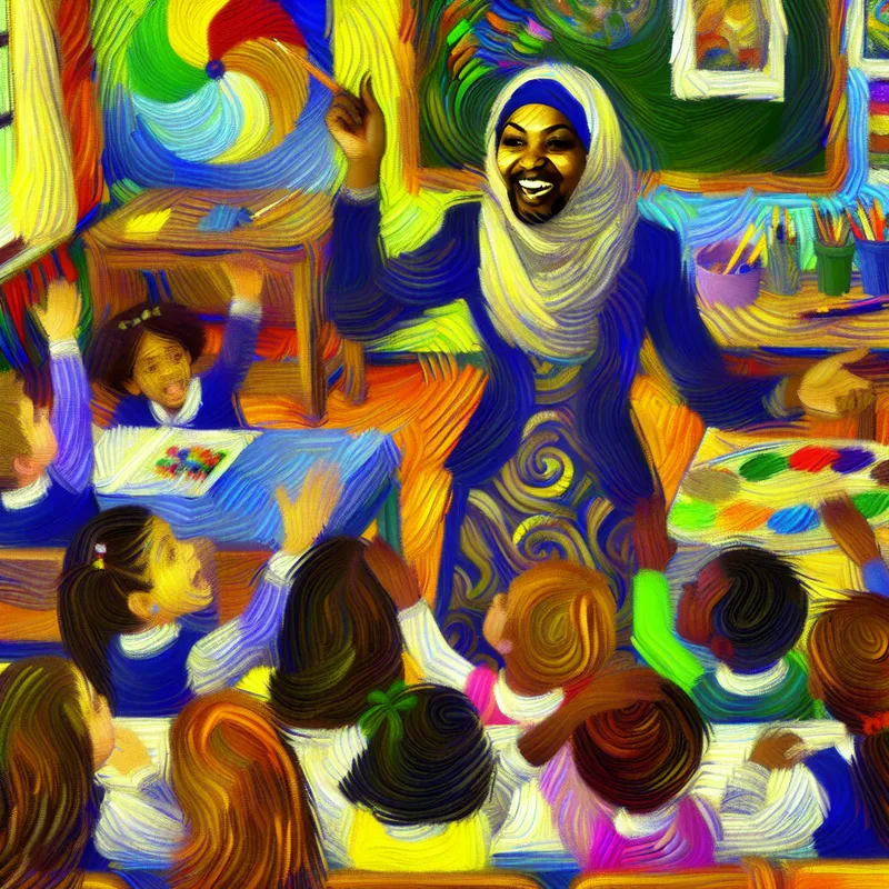 Een lerares begeleidt leerlingen in een klaslokaal met interactieve leermiddelen en samenwerkingsactiviteiten.