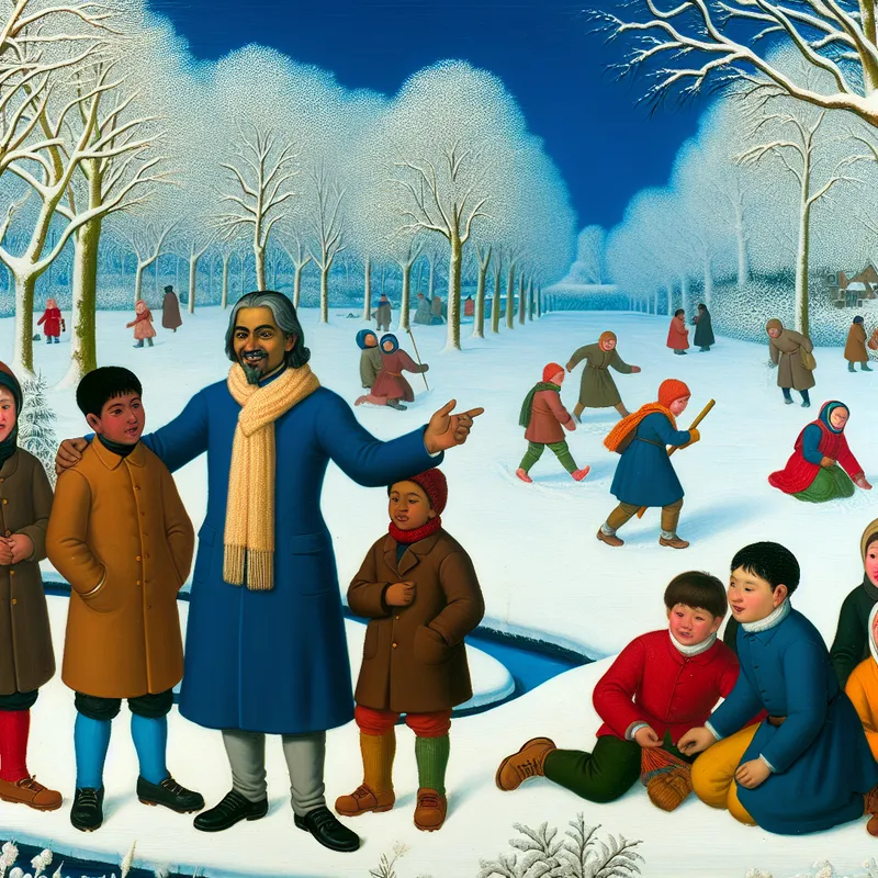 Een leraar staat achter een groep studenten die bezorgd samenkomen in een winterlandschap, terwijl ze een probleem oplossen.