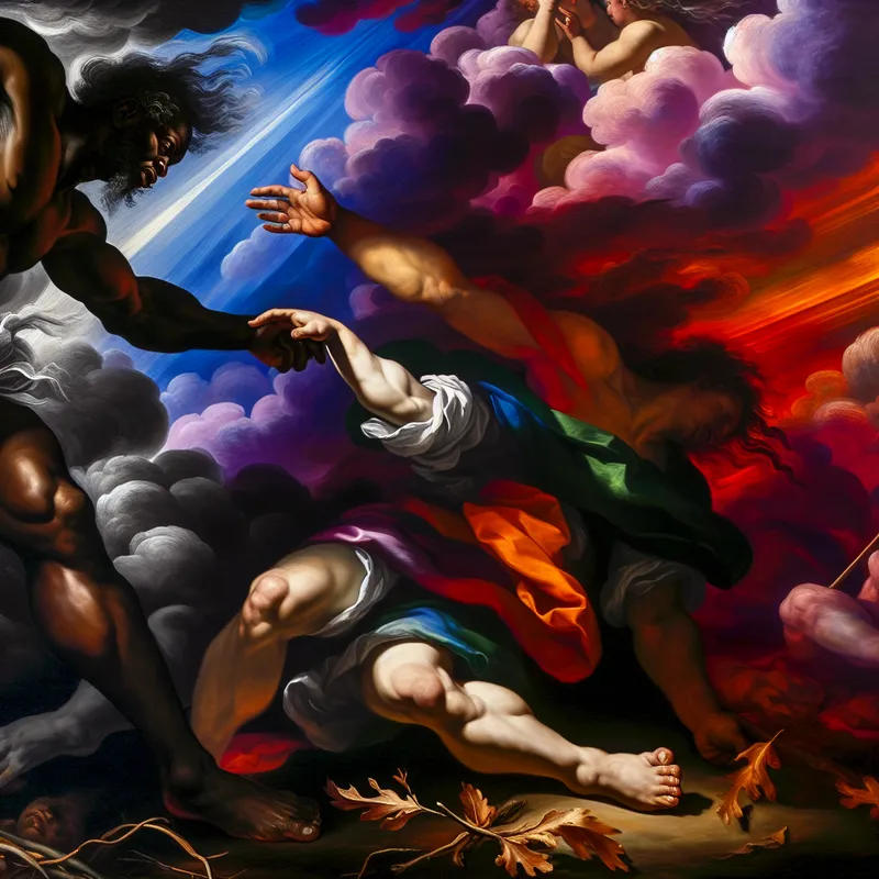 Een krachtige Barokscene met een sterke figuur die een helpende hand biedt aan een worstelende figuur, symboliserend ondersteuning en triomf.