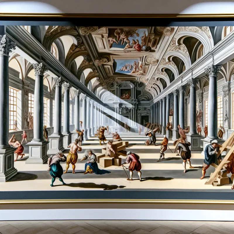 Sinds de Barok, sterke figuren ondersteunen een zwaar plafond met stenen pilaren in een weelderige kamer.