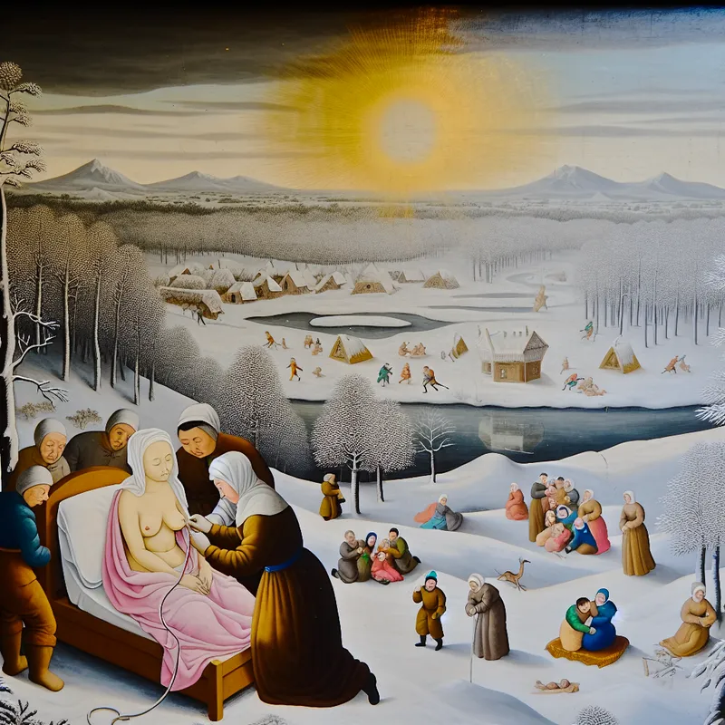 Kerstlandschap met diverse mensen die een vriend met kanker ondersteunen te midden van sneeuwbedekte bomen en een bevroren meer