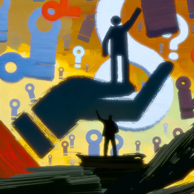 Abstract expressionist kunstwerk met twee figuren, een die steun biedt aan de ander, weergegeven door een grote hand en chaotic kleuren.