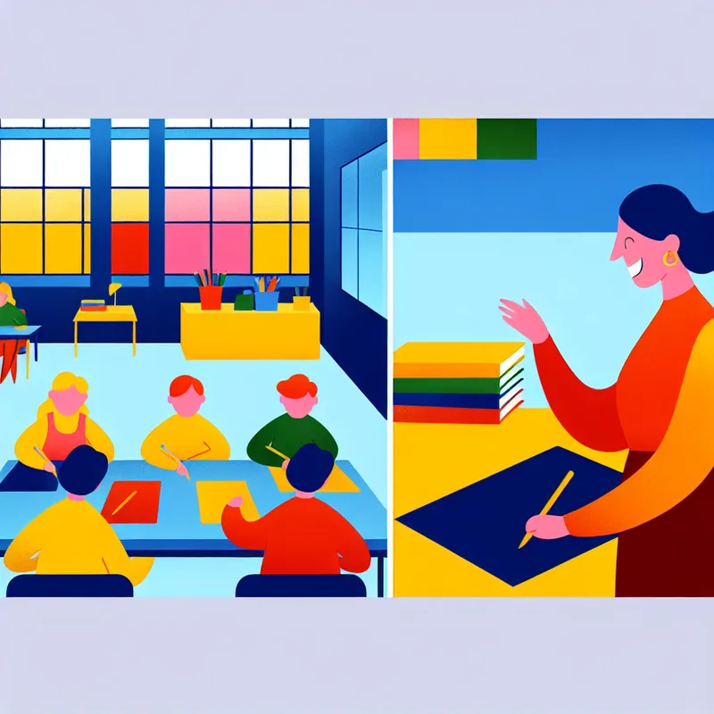 Minimalistische illustratie van een lerares die studenten begeleidt bij een groepsproject in een kleurrijke klas.