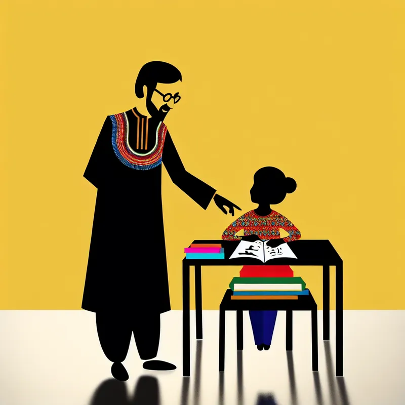 Minimalistische afbeelding van een leraar die een student begeleidt aan een tafel vol kleurrijke boeken en schrijfmateriaal.
