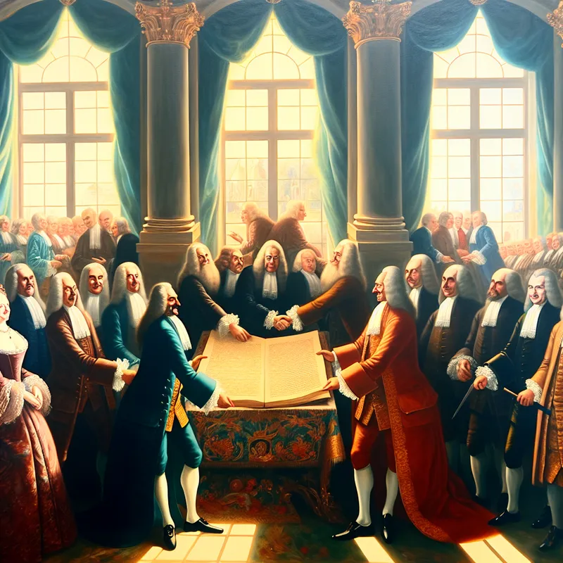 Historische scène van een verdrag ondertekening tussen twee naties met officiële vertegenwoordigers in elegante kleding.