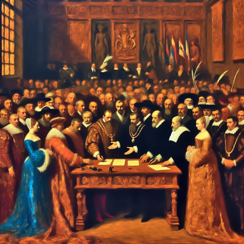 Historische scène van leiders die een vredesverdrag ondertekenen aan een grote houten tafel, met gebaren van verzoening en hoop, in de stijl van Frans Hals