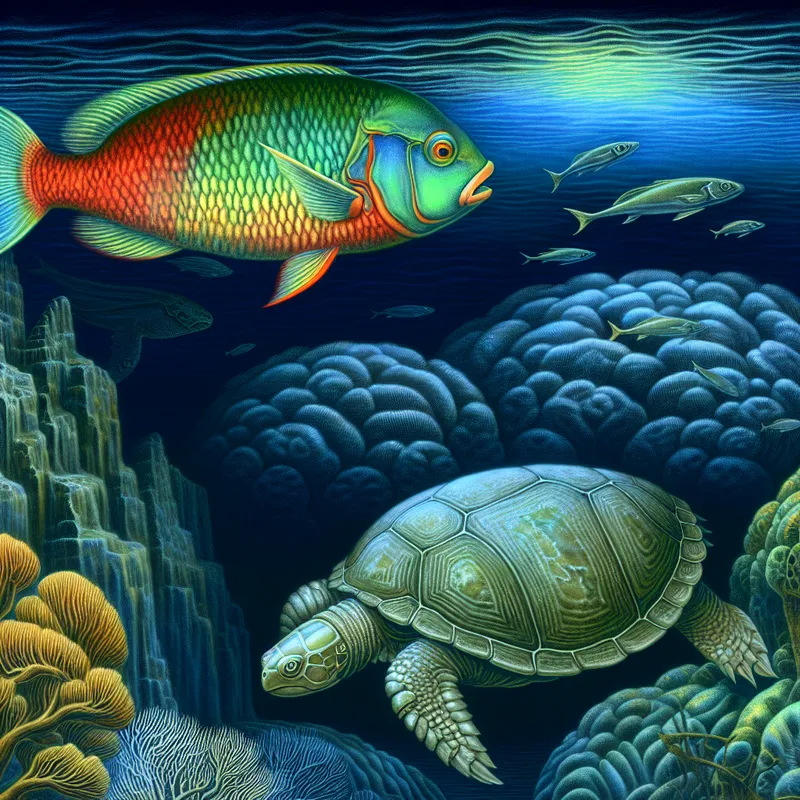 Een levendige vis in een onderwaterlandschap met kleurrijke schubben, omgeven door koraal en een schildpad, in een donkere en intrigerende sfeer.