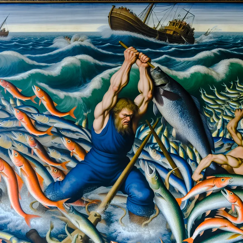 Een krachtige visser haalt een grote kabeljauw binnen terwijl scholen haring om hem heen zwemen in een onderwaterwereld.