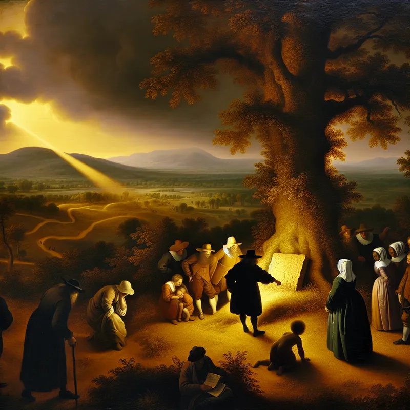 17e-eeuws Nederlands landschap met groep mensen die naar een houten bord bij een oude eik wijzen, symbool voor het aangeven van een onderwerp