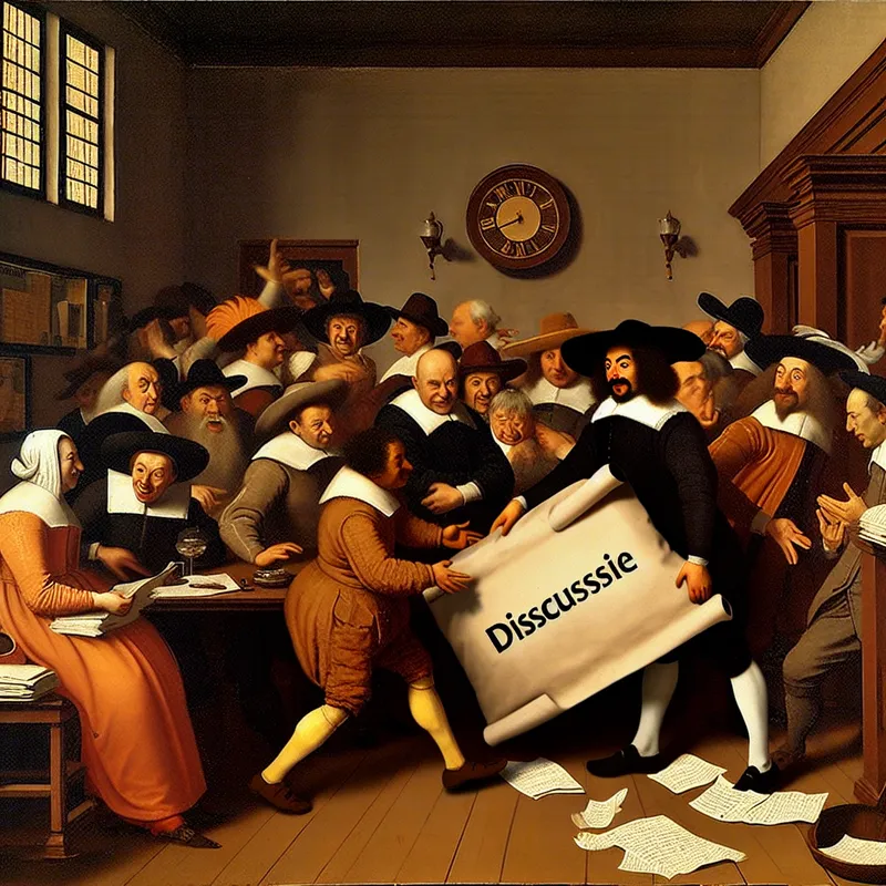 17e-eeuwse Nederlandse vergaderingsscène in de stijl van Jan Steen, waarin een document met het label 'DISCUSSIE' symbolisch wordt geparkeerd voor later
