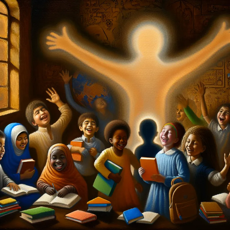 Diverse kinderen leren samen met boeken en schoolbenodigdheden, omringd door een beschermende aura en verlicht door een benevolente figuur.