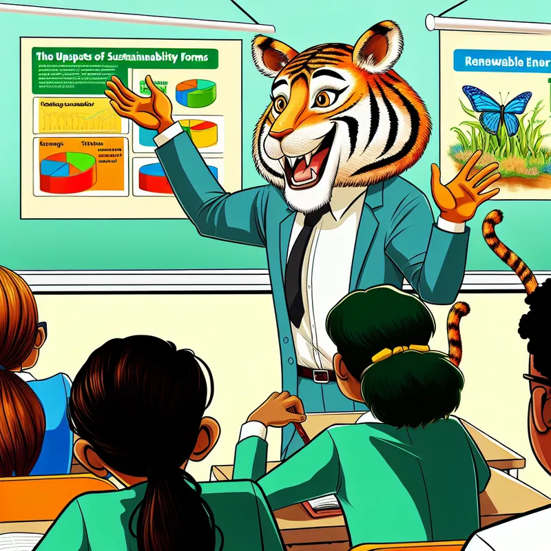 Een cartoonachtige illustratie van een lerares die met enthousiasme lesgeeft over duurzaamheid aan een diverse groep studenten in een klaslokaal.