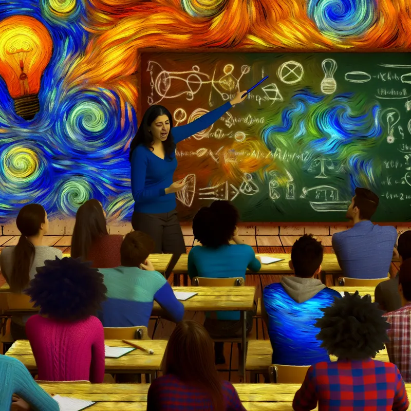 Een lerares verduidelijkt een ingewikkeld concept aan een krijtbord in een levendige klaslokaal met diverse leerlingen die geïnteresseerd zijn.