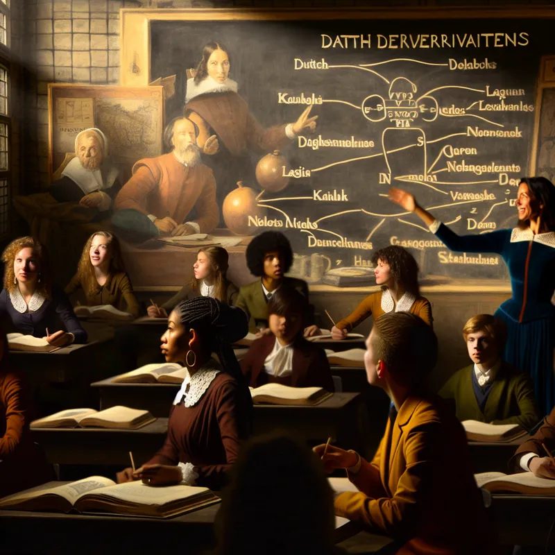 Een lerares wijst enthousiast naar een schoolbord vol diagrammen van woordafleidingen in het Nederlands, met nieuwsgierige studenten die notities maken.