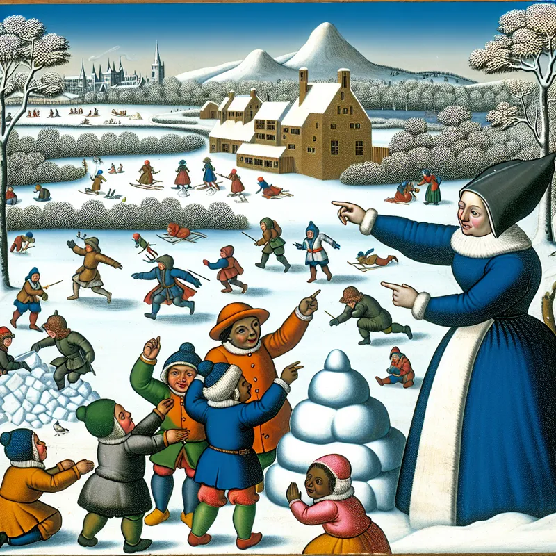 Enthousiaste studenten rond een zorgzame lerares in een sneeuwlandschap, met een sneeuwfort op de achtergrond.