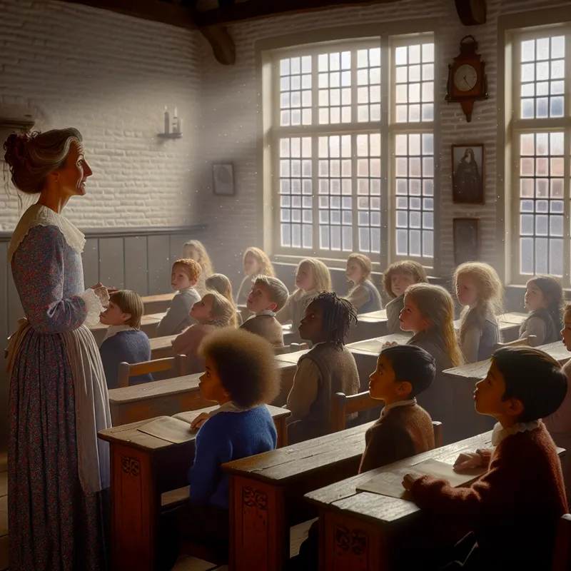 Vrouwelijke onderwijzeres leest een verhaal voor in een traditionele Nederlandse klaslokaal, omringd door kinderen die aandachtig luisteren.