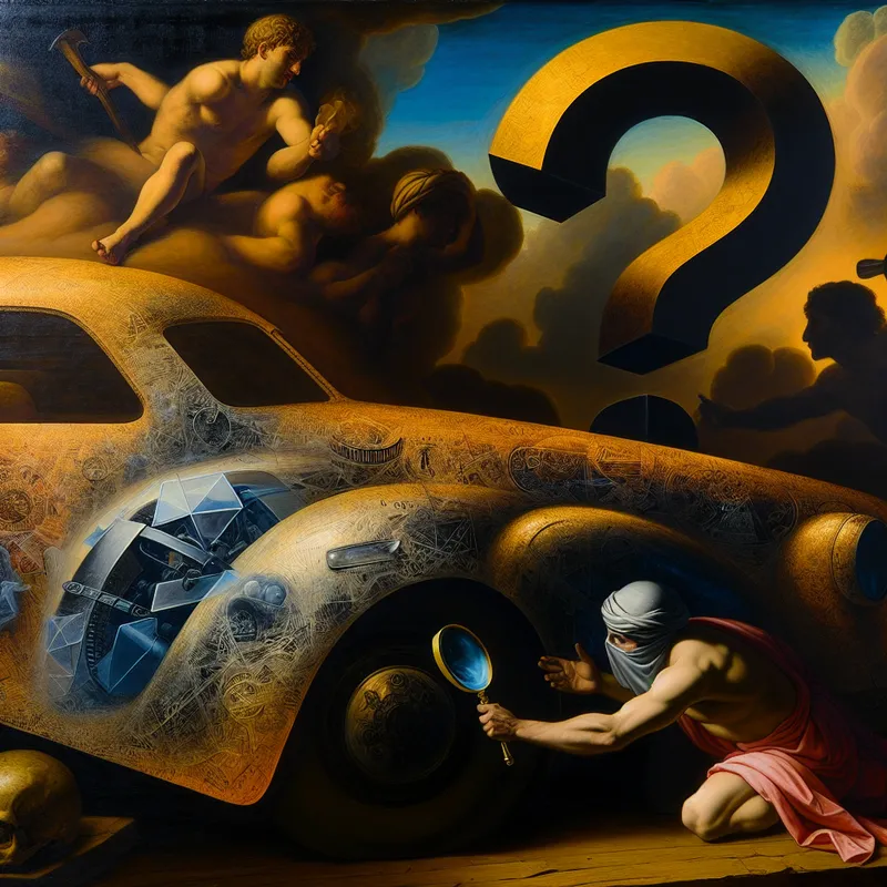 Barokke scène van persoon die met vergrootglas krassen op auto onderzoekt, symbolisch voor het zoeken naar oorzaak of herkomst