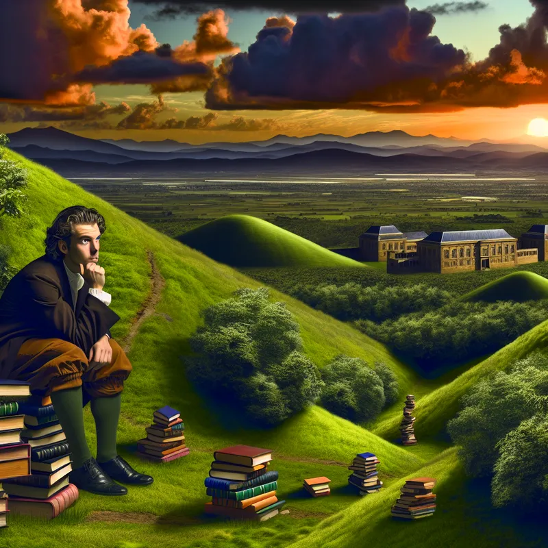 Een onderzoeker staat op een heuveltop te midden van boeken en scrolls, terwijl de zon ondergaat.