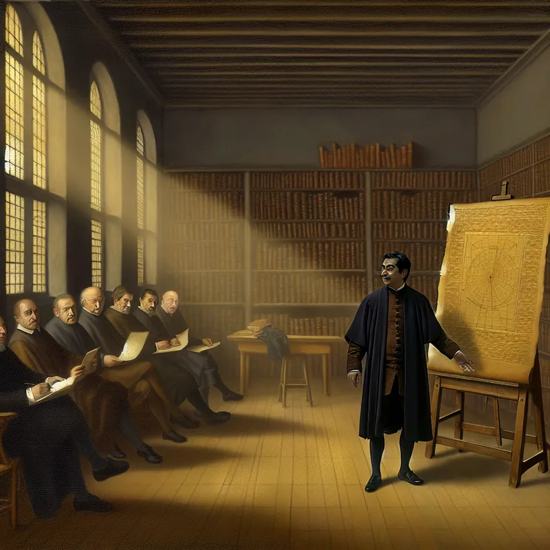 Een onderzoeker presenteert onderzoeksresultaten aan collega's in een serene academische omgeving.